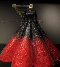 Ombre 2020 Sequined Prom Dresses High Neck Long Sleeve Red And Black Evening Gowns Dubai Arabic A Line Formal Wear4586634