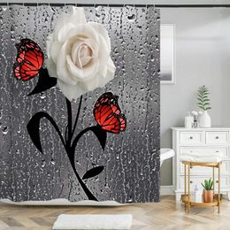 Shower Curtains Rose Flower Butterfly Waterproof 3D Printed Fabric Bathroom Curtain With Hooks Home Decoration Bath