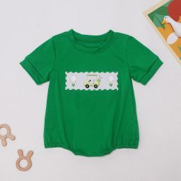 Boutique Short Sleeve T-shirt Round Neck Car And Golf Embroidery Girls Romper With Bow Boy Green Top Clothes And Lattice Pants
