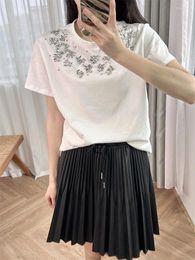 Women's T Shirts Rhinestone Embroidery T-Shirt White Simple Loose Tee Short Sleeve 2024 Spring Summer Female O-neck Tshirt