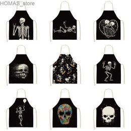 Aprons Hot Sale White Skull Print Linen Sleeveless Adult Kids Apron Kitchen Cleaning Decorative Accessories Stain Resistant Workwear Y240401