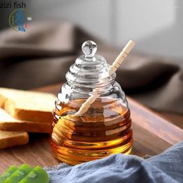 Storage Bottles Glass Honey Jar With Lid Transparent Jam Creative Striped Bottle Home Kitchen Container Mixing Rod