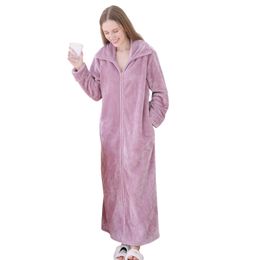 Women Winter Extra Long Warm Jacquard Flannel Bathrobe Pregnant Zipper Plus Size Dressing Gown Men Lounge Coral Fleece Bath Robe