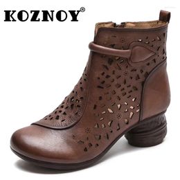 Boots Koznoy 5cm Natural COW Genuine Leather Women Ladies Ethnic ZIP Ankle Summer Moccasin Trend Luxury Hollow Breathable Shoes