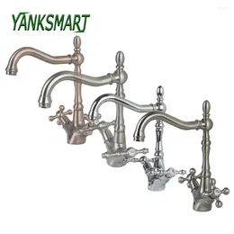 Bathroom Sink Faucets YANKSMART Vintage Antique Brass & Chrome Brushed Nickel Mixer Basin Retro Double Handles 1 Hole Tap
