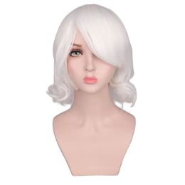 Wigs QQXCAIW Girls Short Culry Wig Cosplay Cos White Heat Resistance Synthetic Hair Wigs