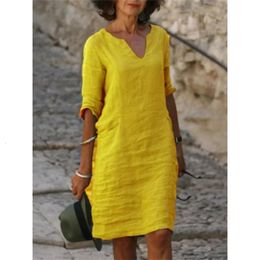 Dress 3 Quarter Vintage Casual V Neck Loose Waist Midi Beach Dres Clothing Green Blue Yellow Robe Polyester 240319