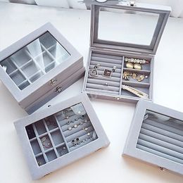 Velvet Grey Carrying Case with Glass Cover Jewellery Ring Display Box Tray Holder Storage Box Organiser Earrings Ring Bracelet240327