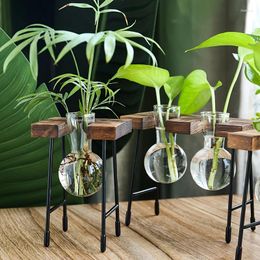 Vases Vintage Flower Pot Terrarium Hydroponic Plant Transparent Vase Wooden Frame Glass Tabletop Plants Home Bonsai Decoration