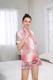 Home Clothing Women Pink Leopard Design Fashion Print Clothes Silk Satin Shorts Summer Pajamas Set