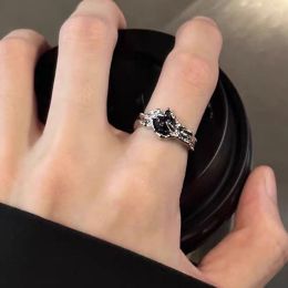 Punk Harajuku Goth Thorns Black Silver Colour Irregular Round Stone Open Ring For Women Men Lover Vintage 90s Y2K Grunge Jewely