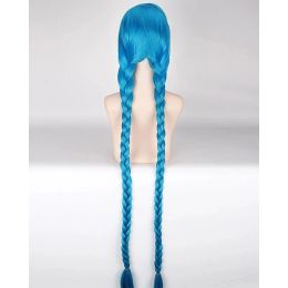 HAIRJOY Cosplay Lol Jinx 100cm Long Blue with Double Braids Halloween Anime Costume Wig Heat Resistant Synthetic Hair