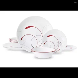 Plates Splendor White And Red Round 12-Piece Dinnerware Set