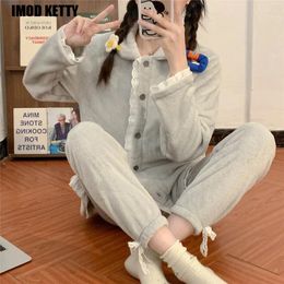 Home Clothing Women's Pajamas Korean Winter Keep Warm Thicken Long Sleeve Female Sleepwear Two-piece Set Fleece Womens