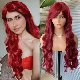 Wigs AIMEYA Red Synthetic Wig with Bangs Long Wave Mermaid Cosplay Wigs for Women Halloween Costume Wigs Heat Resistant Fibre Hair