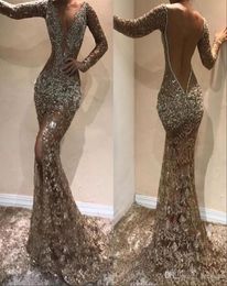 Vintage Sparkly Crystal Prom Evening Dress 2020 Long Sleeve Deep V neck Formal Party Gown Sexy Slit Pageant Gowns1796833