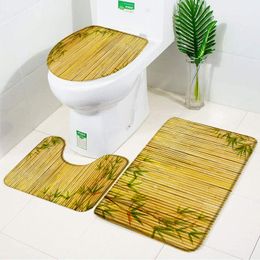 3pcs Set Bathroom Hello Bath Mat Retro Bamboo Vintage Rural Decor Anti Slip Rugs Carpet Toilet Cover Bathroom Accessories Set