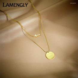 Pendant Necklaces LAMENGLY 316L Stainless Steel Round Letter Cross Necklace For Women Fashion Girls Clavicle Chain Jewelry Birthday Gifts