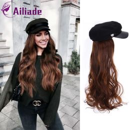 Wigs Wigs AILIADE Synthetic Long Straight Wavy Wigs with Beret Hat Navy Hat Knitted Hat Fashion Autumn Winter Cap Hair Wig Hair