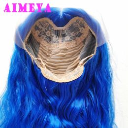 AIMEYA Blue Loose Curly Lace Wig Long Synthetic Lace Front Wigs Royal Blue Natural Wave Hair Daily Use Cosplay Wig