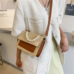 Cosmetic Bags Crossbody Bag Women Designer Shoulder Female Handbag Purse Straw Beaded Fashion PU Leather Simple Contrast Color