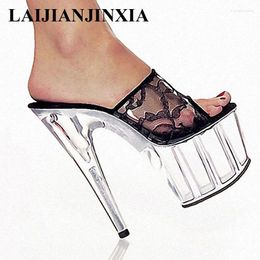 Slippers LAIJIANJINXIA Summer Waterproof Taiwan Transparent Crystal Shoes Lace Surface 15Cm Sexy Stiletto Heel Nightclub