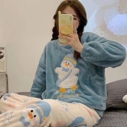 Autumn Winter Warm Flannel Women's Pajamas Set Long-sleeved Trousers Two-piece Set Cute Soft Home Wear Clothes for Women