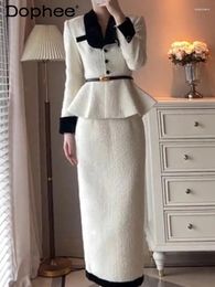 Work Dresses Elegant White Skirt Suit Female 2024 Spring Autumn Socialite Commute Jacket Top Woolen Two Piece Sets Women Outifits