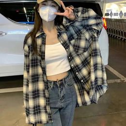 Rimocy Autumn All Match Plaid Shirts for Women Korean Fashion Button Up Oversized Shirt Woman Aesthetic Loose Blouse Female 240322
