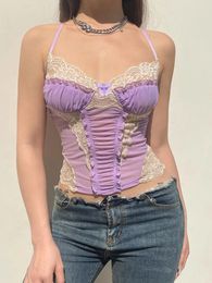 Women's Tanks French Pure Desire Fashion Romantic Purple Lace Splice Suspended Tank Top With Vacation Style Sweet