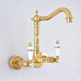 Bathroom Sink Faucets Polished Gold Colour Brass Kitchen Basin Faucet Mixer Tap Swivel Spout Wall Mounted Dual Ceramic Handles Msf610