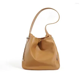 Totes Women Genuine Leather Tote Bag Female Rucked Chain Drawstring Handbags Simple Underarm Bags Large Girls Bucket Shoulder
