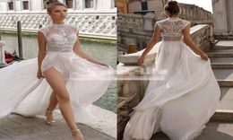 Julie Vino Brautkleider mit hohen Schlitzen, Bohemia, sexy Spitze, appliziert, A-Linie, Strand, Illusion, seitlich geteilt, nach Maß, günstige Brautkleider7778809