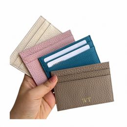 dropship Mogrammed Initial Genuine Cow Leather Card Holder Men Slim Wallet Busin Bank Cardholder Women Credit Card Case i3Nl#
