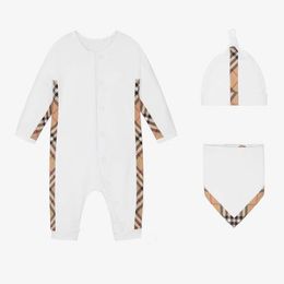 Lovely Baby Boys Girls Plaid Rompers+Hats+Bibs 3pcs Set Spring Autumn Toddler Long Sleeve Jumpsuits Infant Onesies Kids Romper