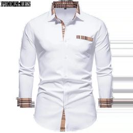 PARKLEES Autumn Plaid Patchwork Formal Shirts for Men Slim Long Sleeve White Button Up Shirt Dress Business Office Camisas 240327