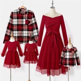 PatPat Family Matching Plaid Shirt Tops and Red Mesh Splice Belted Dresses Sets
