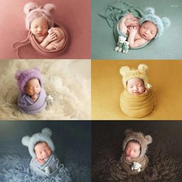 Blankets 3pcs/set Born Infant Pography Wraps Knitted Baby Boys Girls Po Props Faux Fur Hat Strong Stretch Blanket Bear Doll