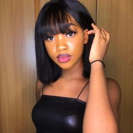 Short Straight Bob Wig With Bangs Brazilian Human Hair 200 density For Woman No Lace Full Machine Made Human Hair Wigs