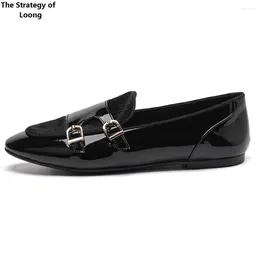 Casual Shoes Spring Autumn British Style Leisure Flat Bottom Belt Buckle Slip-On Fur Genuine Leather Women Loafers 2403