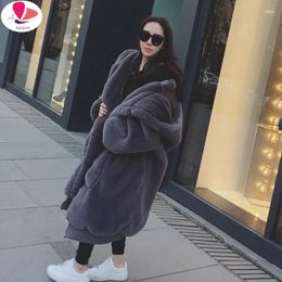 Women's Fur Winter Warm Hooded Large Size Medium Length Solid Colour & Faux Women 2024 Casual Long Sleeve Coat