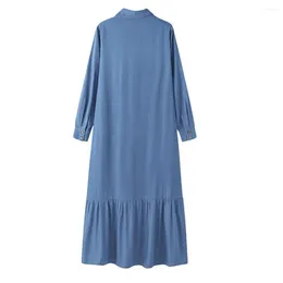 Casual Dresses Summer Denim Dress Elegant Maxi With Ruffle Patchwork Flowy Hem Women's Long Sleeve Cardigan Style For Travel