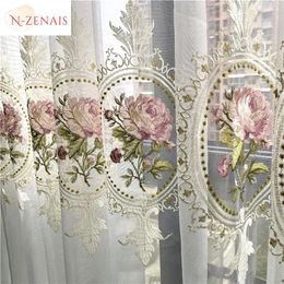 American Luxury Peony Tulle Sheer Curtains For Living Room European Elegant Flower Embroidery Sheer Voile Drapes Bedroom Sheer Curtains 240321