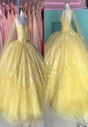 2023 Yellow Lace Flowers Quinceanera Dresses With Cap Tulle Pearls Spaghetti Strapless Laceup Ball Gowns Formal Dress Sweet 15 165833347