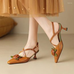 Sandals Summer Women Split Leather Shoes For Pointed Toe Thin Heel Cover Slingback Flower Girl