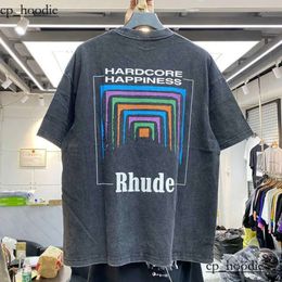 Men's T-shirts Men Women Vintage Heavy Fabric RHUDE BOX PERSPECTIVE Tee Slightly Loose Tops Multicolor Logo Nice Washed 3467