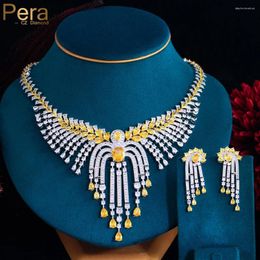 Necklace Earrings Set Pera Luxury Bridal Wedding Yellow CZ Stone Paved Long Pendant For Brides Party Dress Wear J110