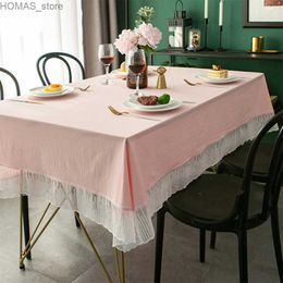 Table Cloth Solid Color Lace Edge Table CoverFrench Retro Style Cotton Tableclothfor Kitchen Dining Room Party Holiday Tabletop Decoration Y240401