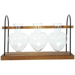 Vases Wooden Frame Hydroponic Green Plant Container Transparent Glass Pothos Heart-shaped Vase Stand