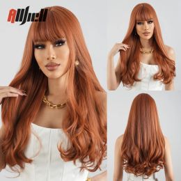 Wigs Long Wavy Copper Ginger Red Brown Hair Wig with Bangs Orange Cosplay Wigs for Black Women Natural Daily Heat Resistant Fiber Wig